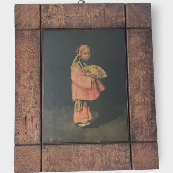 Antique Print 1903 Esther Hunt Chinese Girl Set Original Wood Frame Carved - Picture 3 of 13